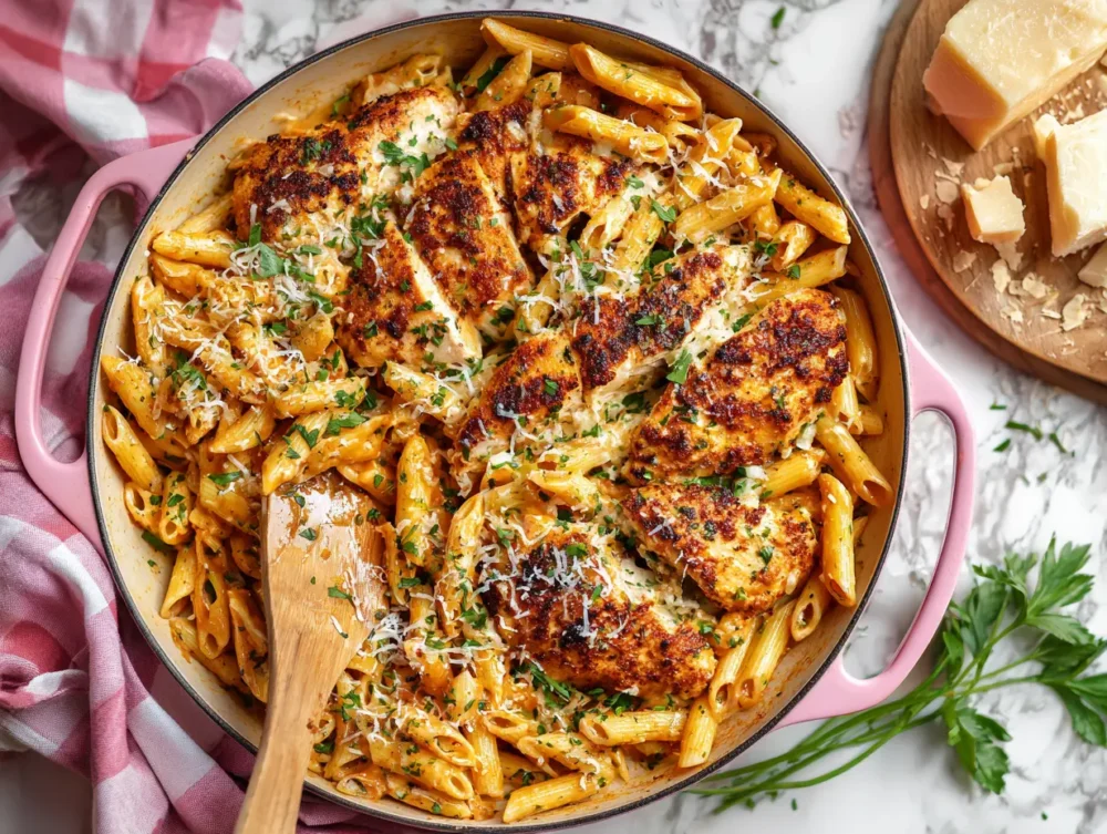 serve Delicious Marry Me Chicken Pasta with cheese 