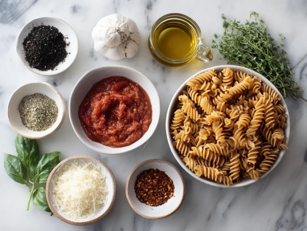 ingredients of Fusilli Pasta with classic Tomato Sauce 