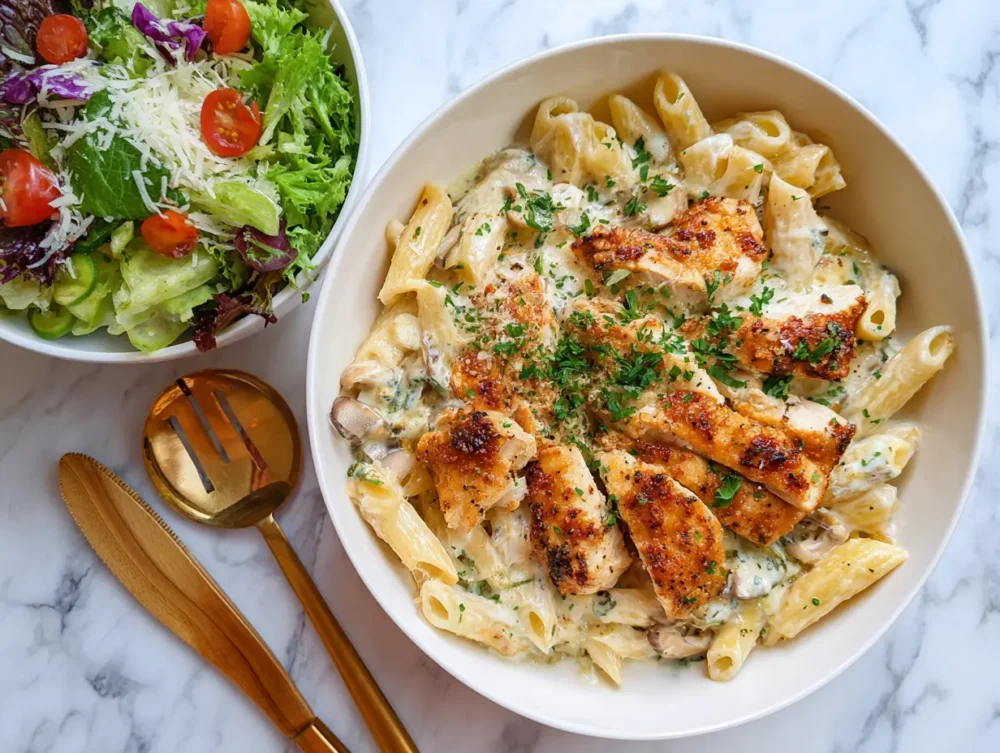  Garlic Parmesan Chicken Pasta with melted cheese. and bowl of salad 