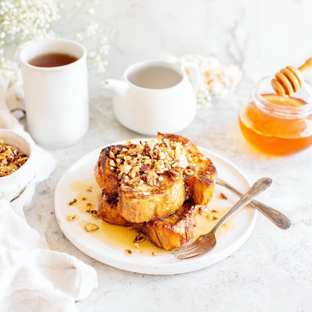 Hawaiian Roll French Toast with your toppings like syrup,