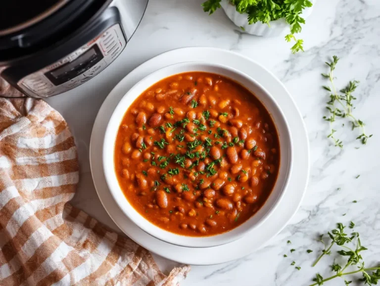 Instant Pot Baked Beans in a white bowl