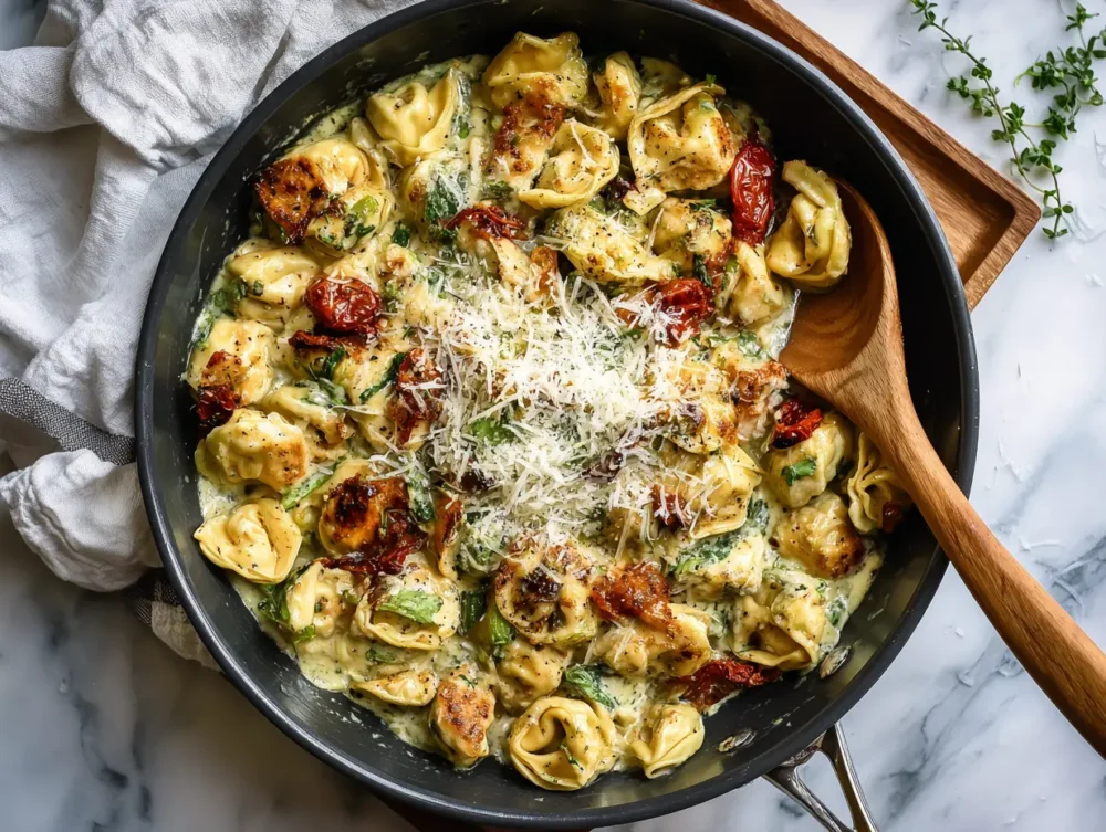 Close-up of Marry Me Chicken Tortellini with tender chicken 