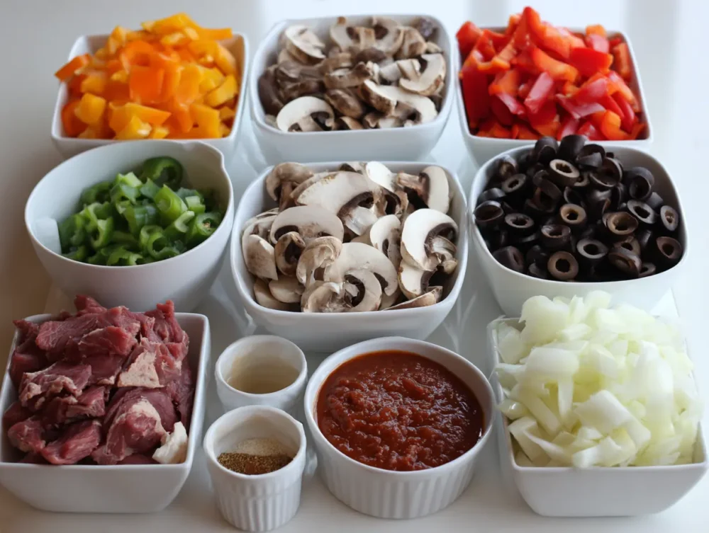 Ingredients of meat pizza quesadilla