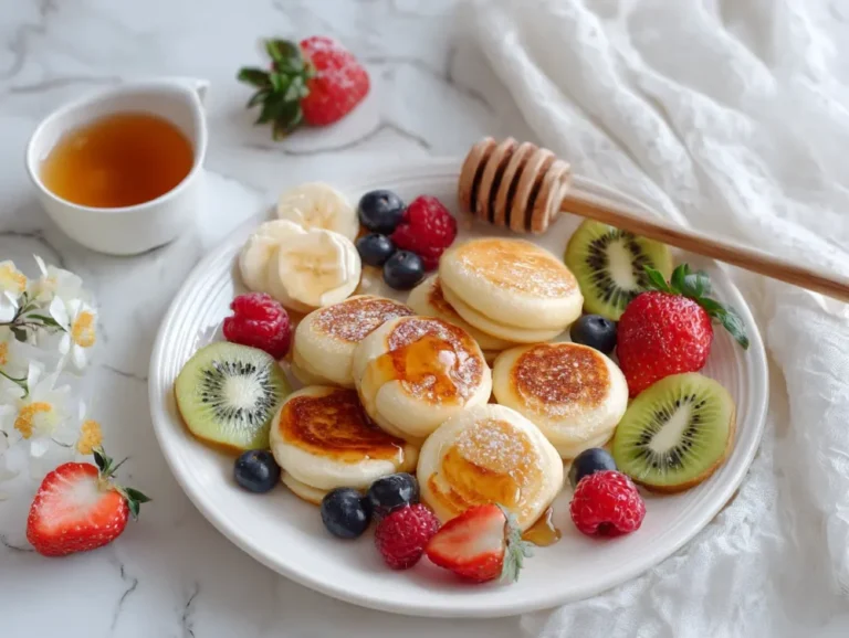 Fluffy mini pancakes served with fresh fruits and syrup.