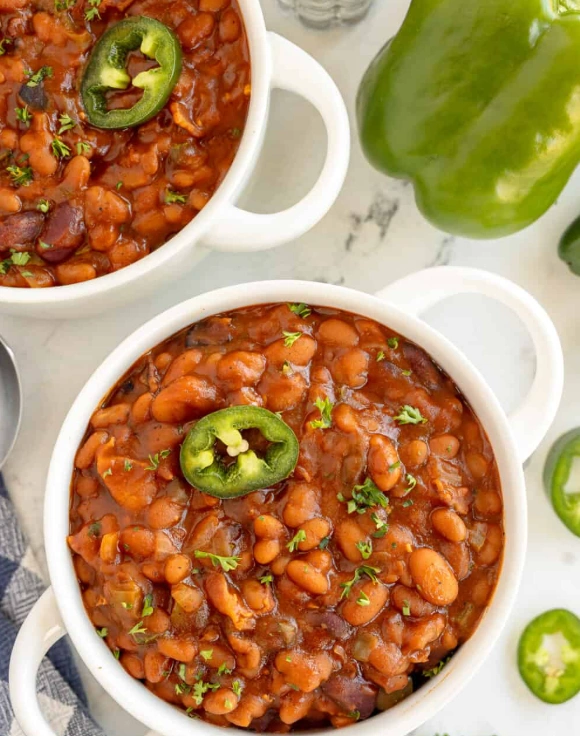 A hearty bowl of spicy baked beans