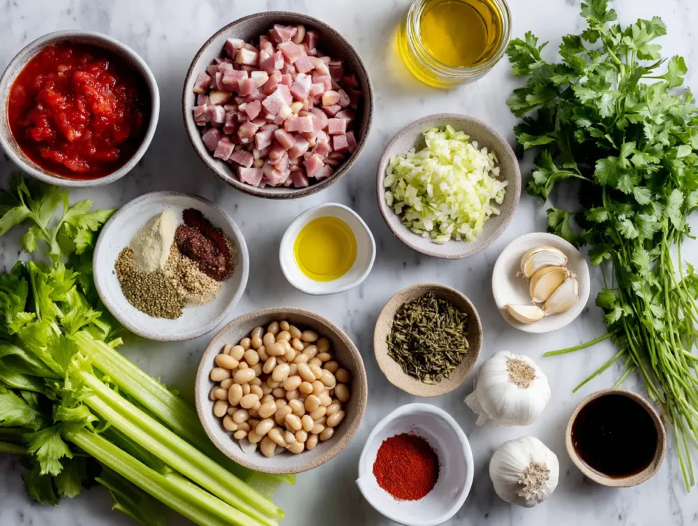 ingredients of warm Slow cooker ham and beans soup