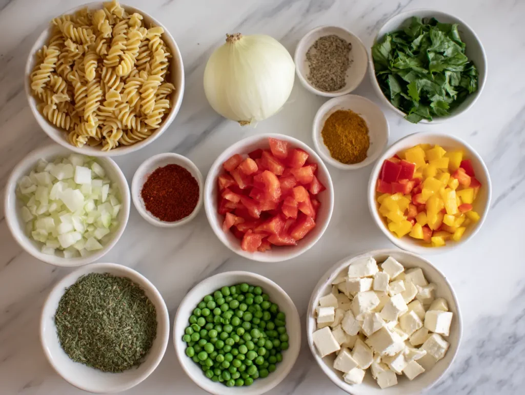 Ingredients of Fusilli pasta with Indian-style spices