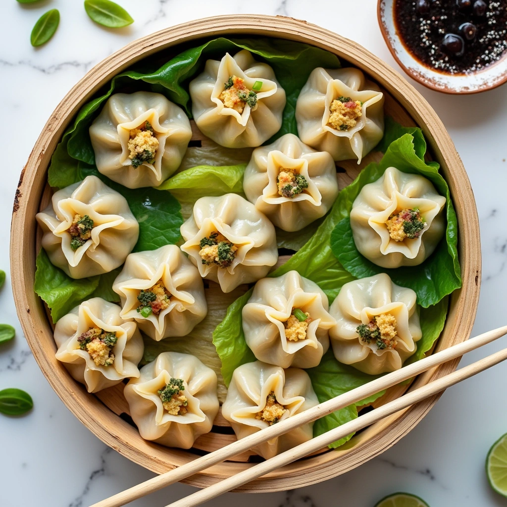 Shrimp shumai in a bamboo steamer basket,