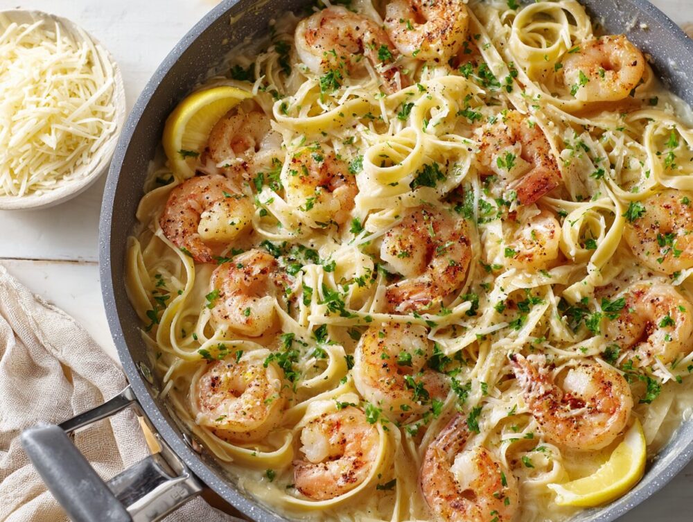 ready to eat Creamy shrimp scampi with fettuccine pasta