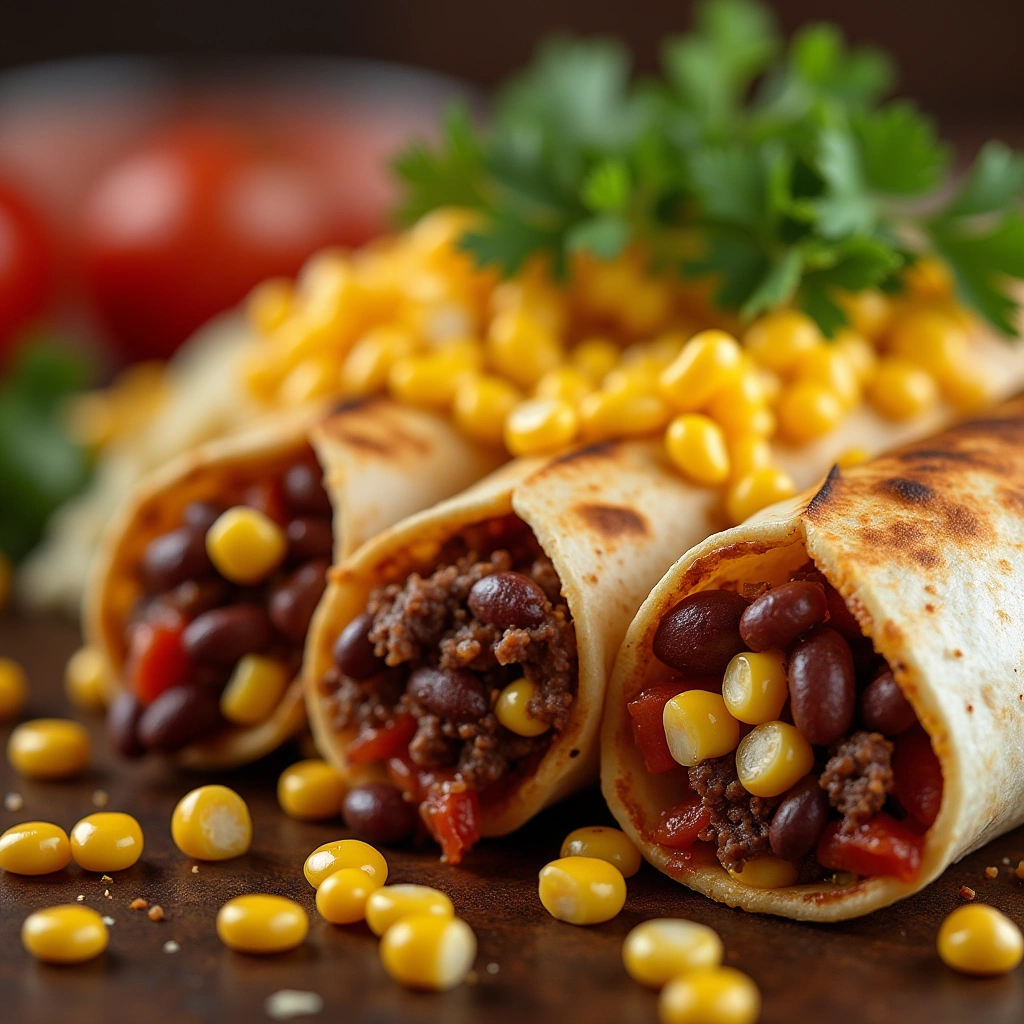 Beef and Bean Burrito with cheese and fresh toppings