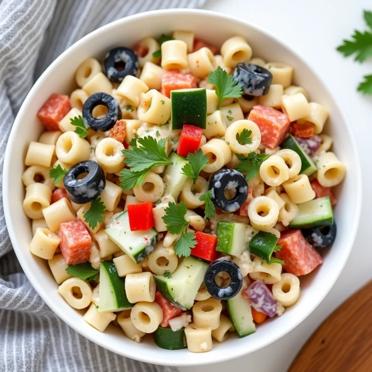 close-up of colorful ditalini pasta salad