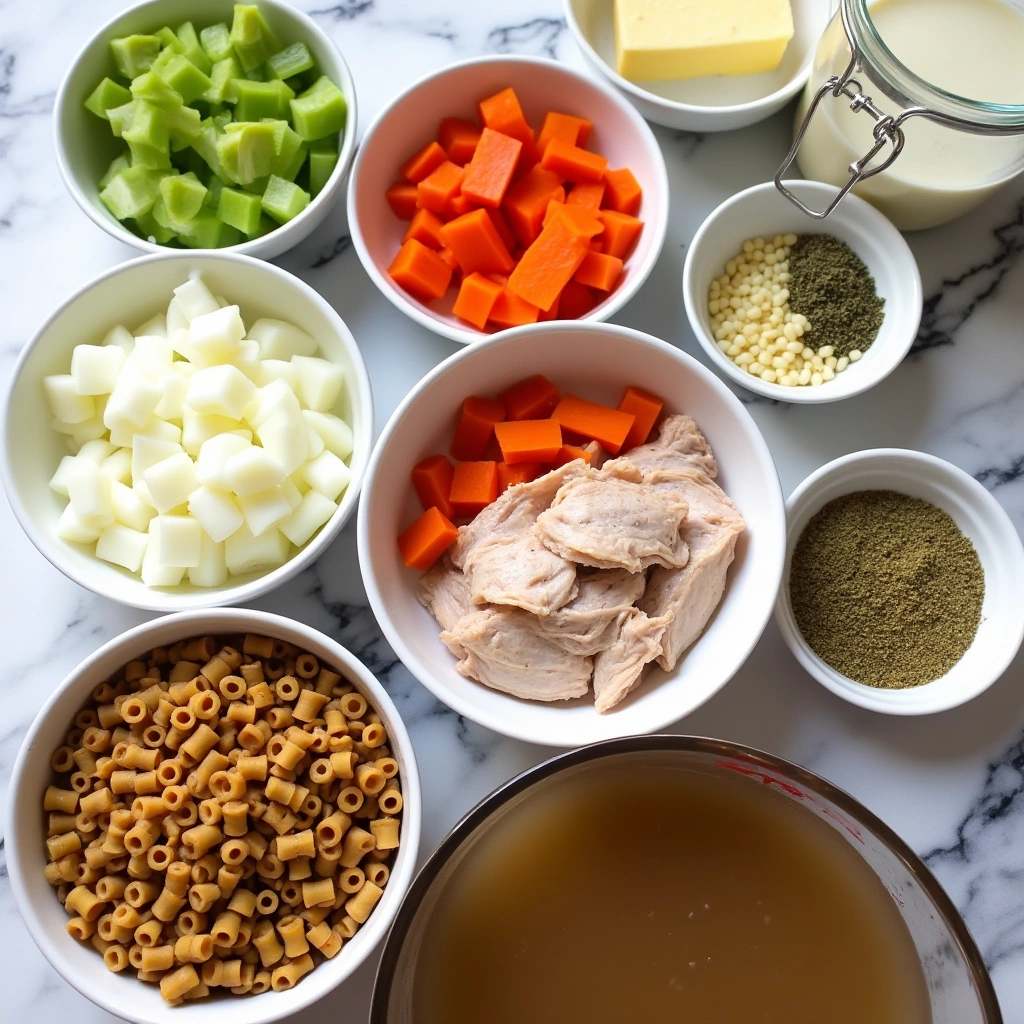 Homemade Ditalini pasta soup ingredients