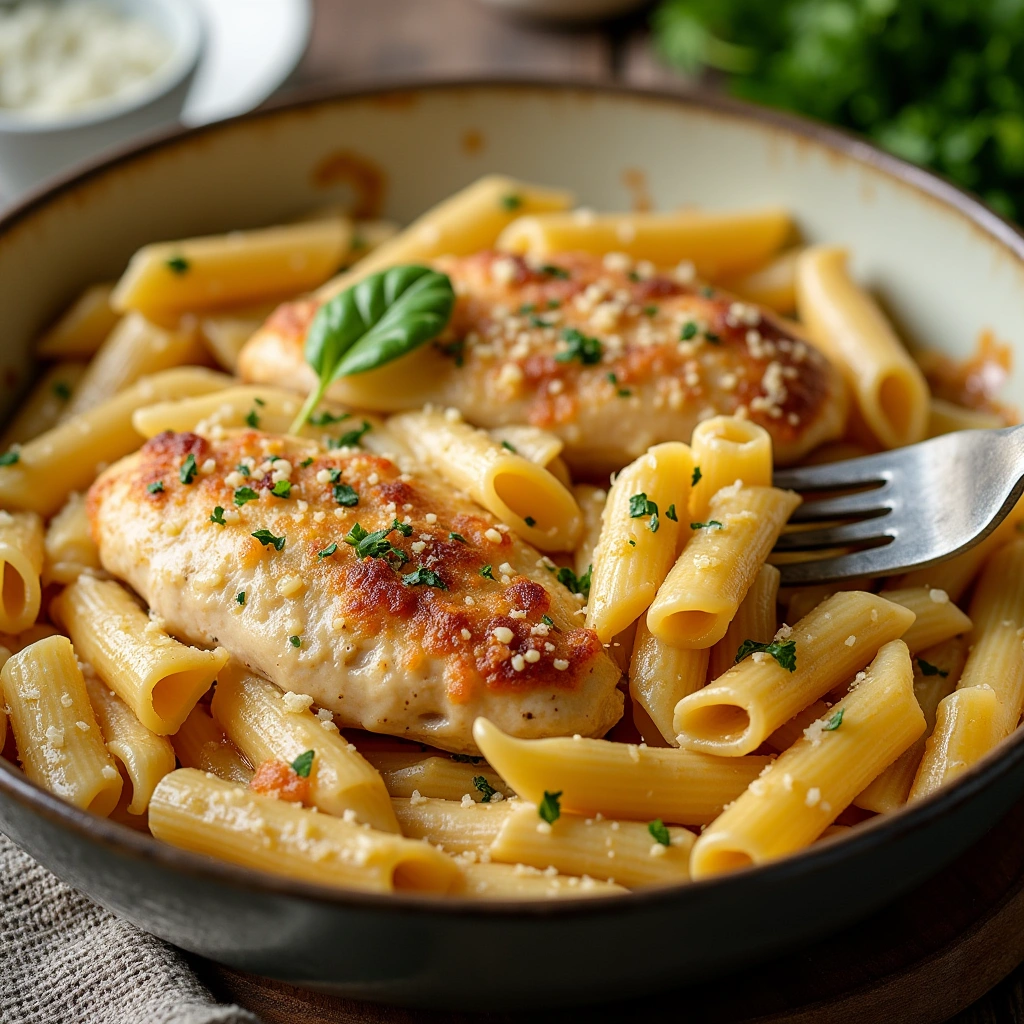 Sliced chicken breast placed on top of Garlic Parmesan Chicken Pasta with melted cheese.