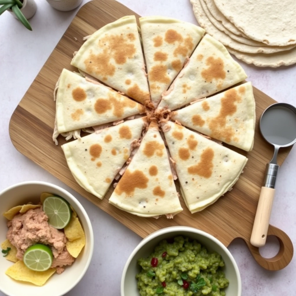 Close-up of a pizza quesadilla being cut into wedges