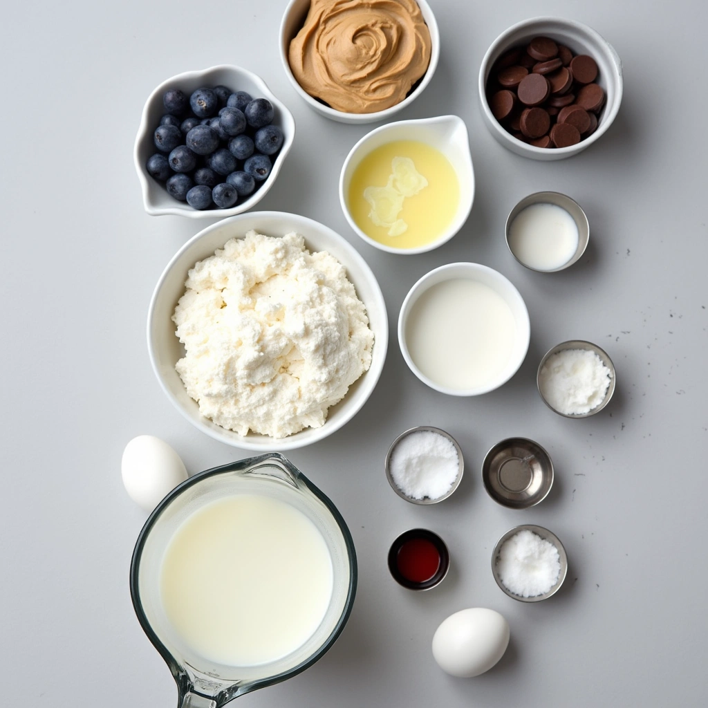 Ingredients for making fluffy mini pancakes including flour, eggs, and buttermilk.