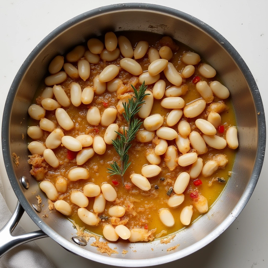 Close-up of a spoonful of Lemony Shrimp and Bean Stew