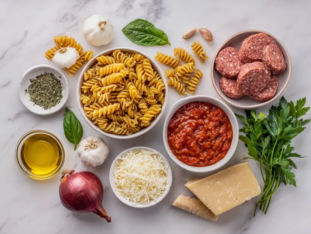 ingredients of Easy fusilli pasta with sausage