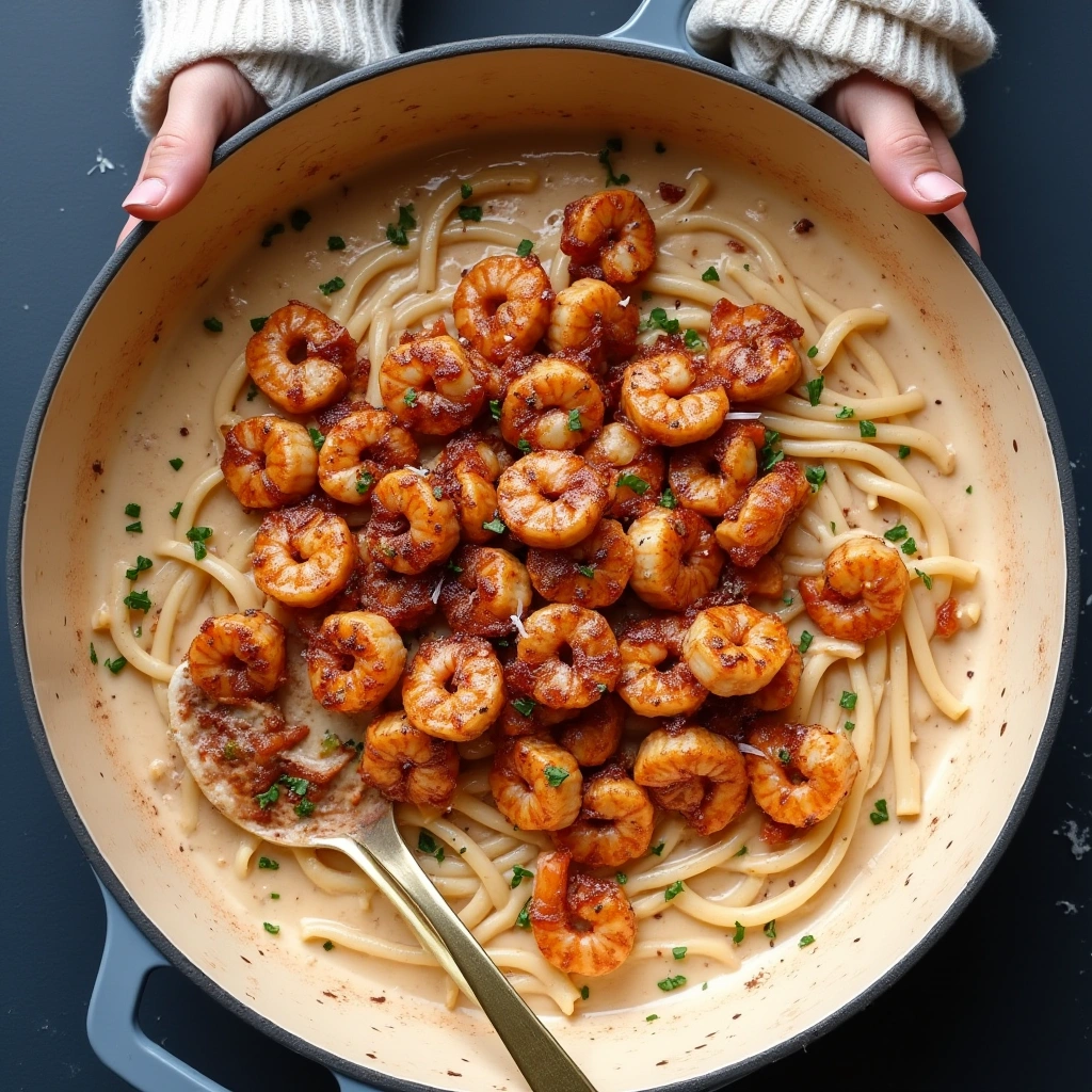 Plate of creamy Cajun shrimp pasta