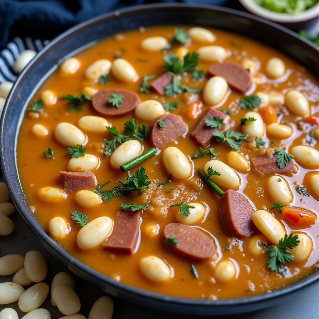 Close-up of Kielbasa Baked Beans with sausage