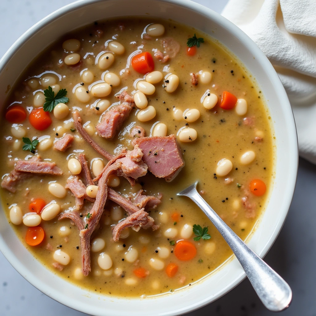 A comforting serving of slow-cooked ham and beans soup