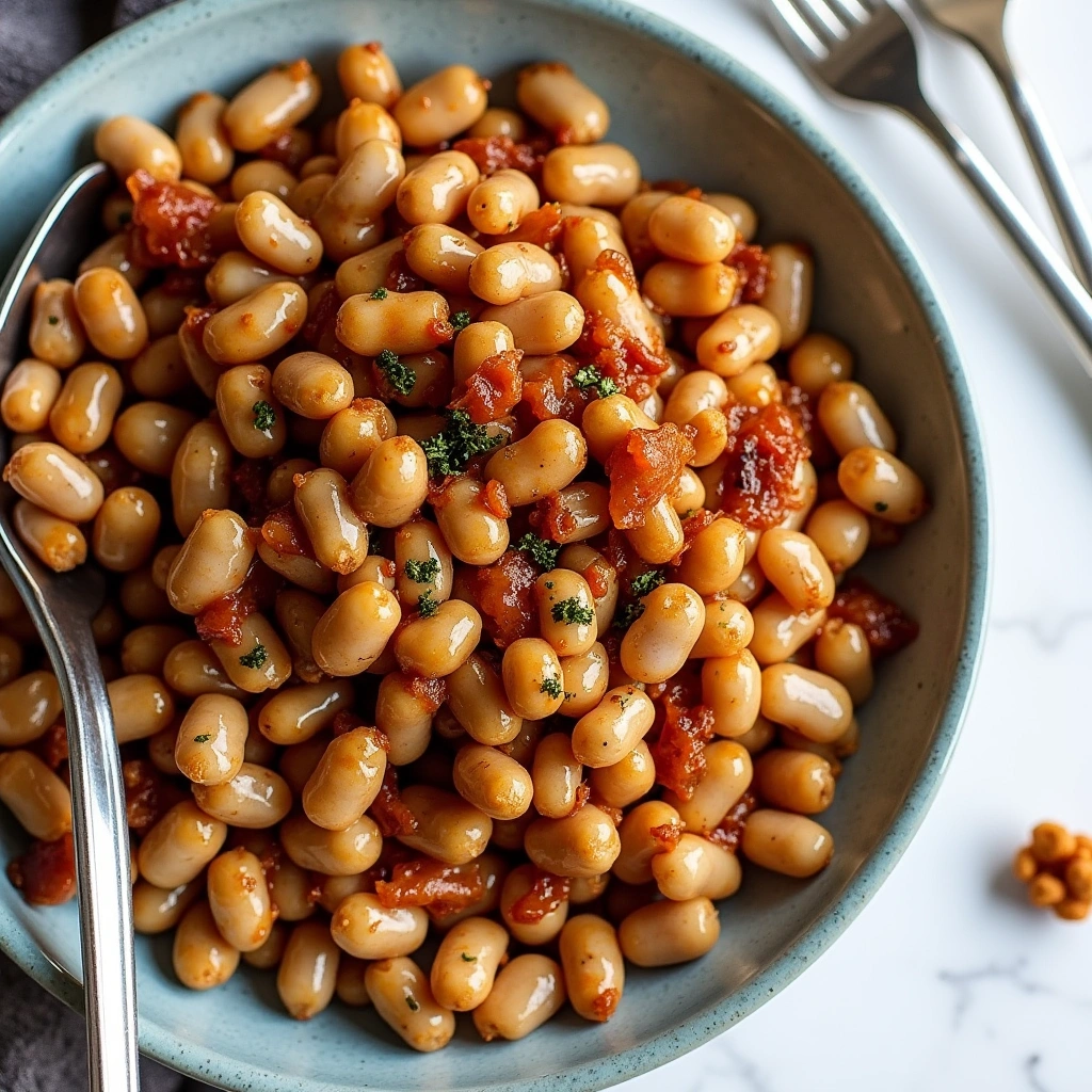 Close-up of baked beans with a rich, tangy sauce