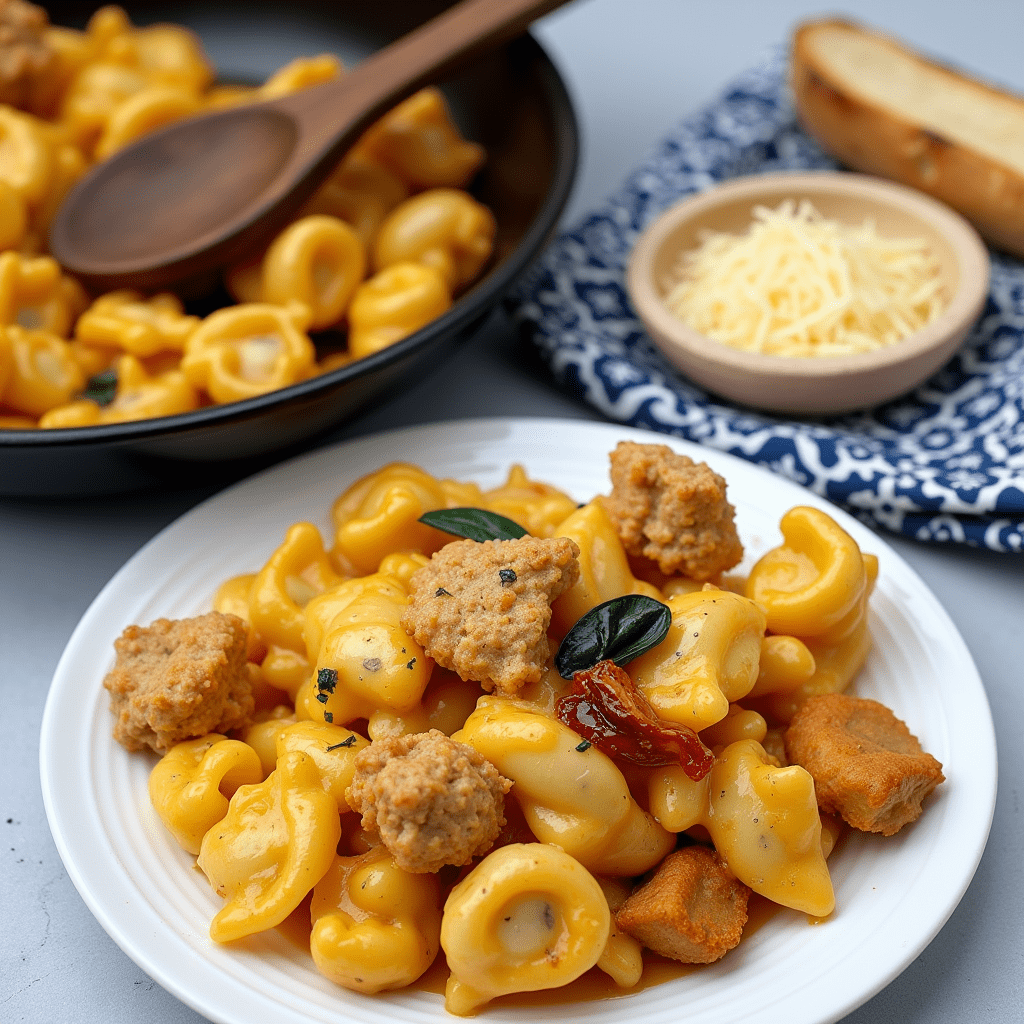 lose-up of Marry Me Chicken Tortellini with tender chicken 