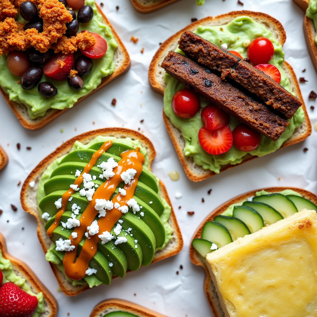 Avocado toast topped with egg and vegetables