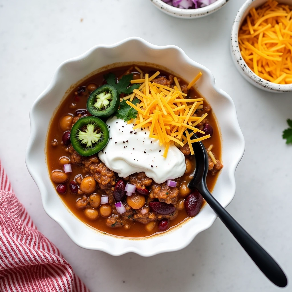 Slow cooker beef and beans chili with melted cheese and fresh cilantro