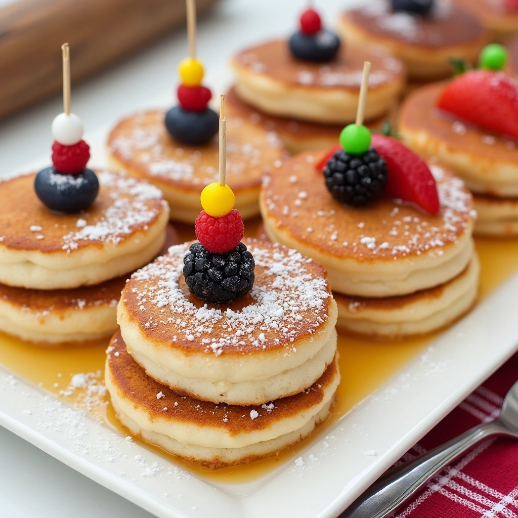 Fluffy mini pancakes served with fresh berries and syrup.