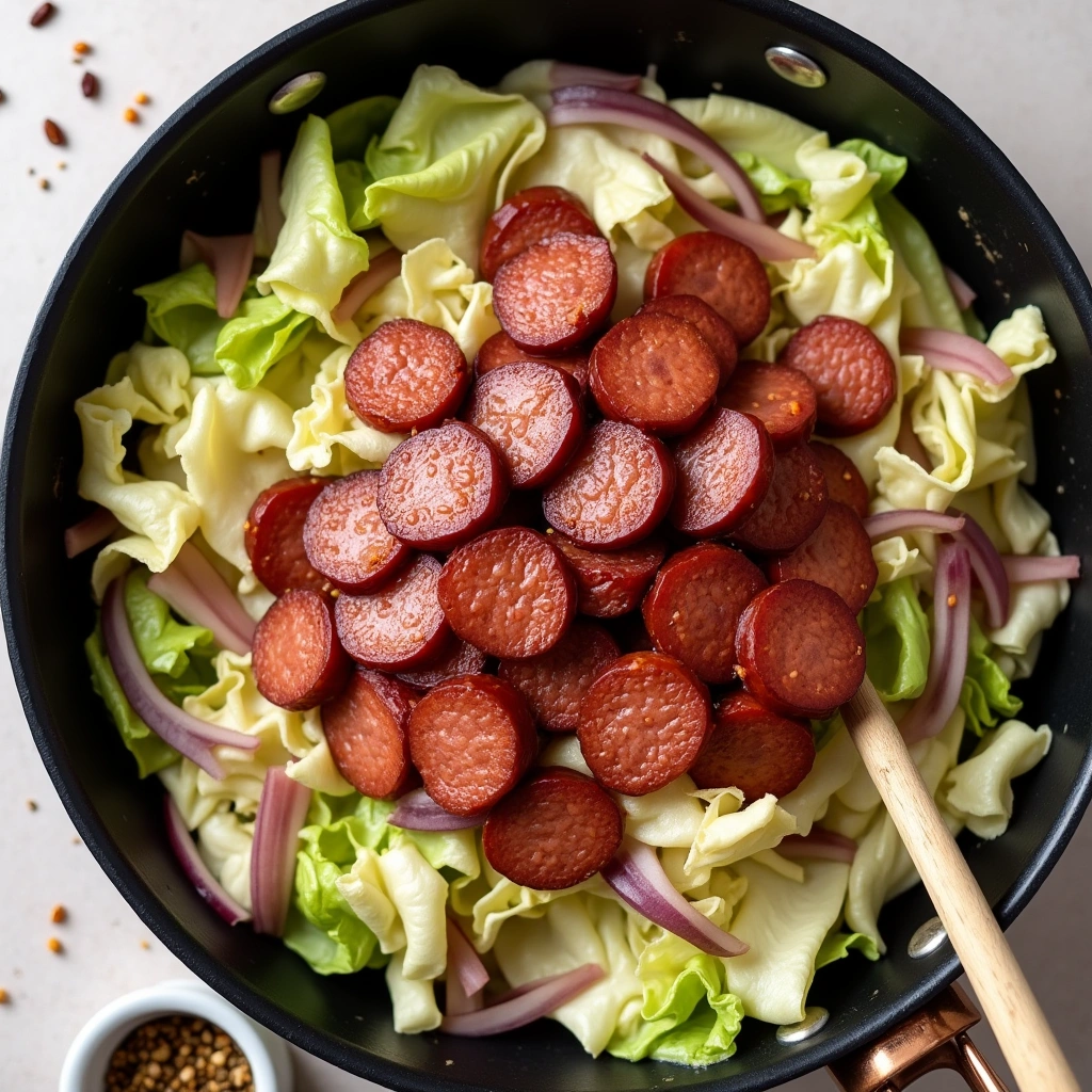 One-pan Shrimp Sausage Cabbage 