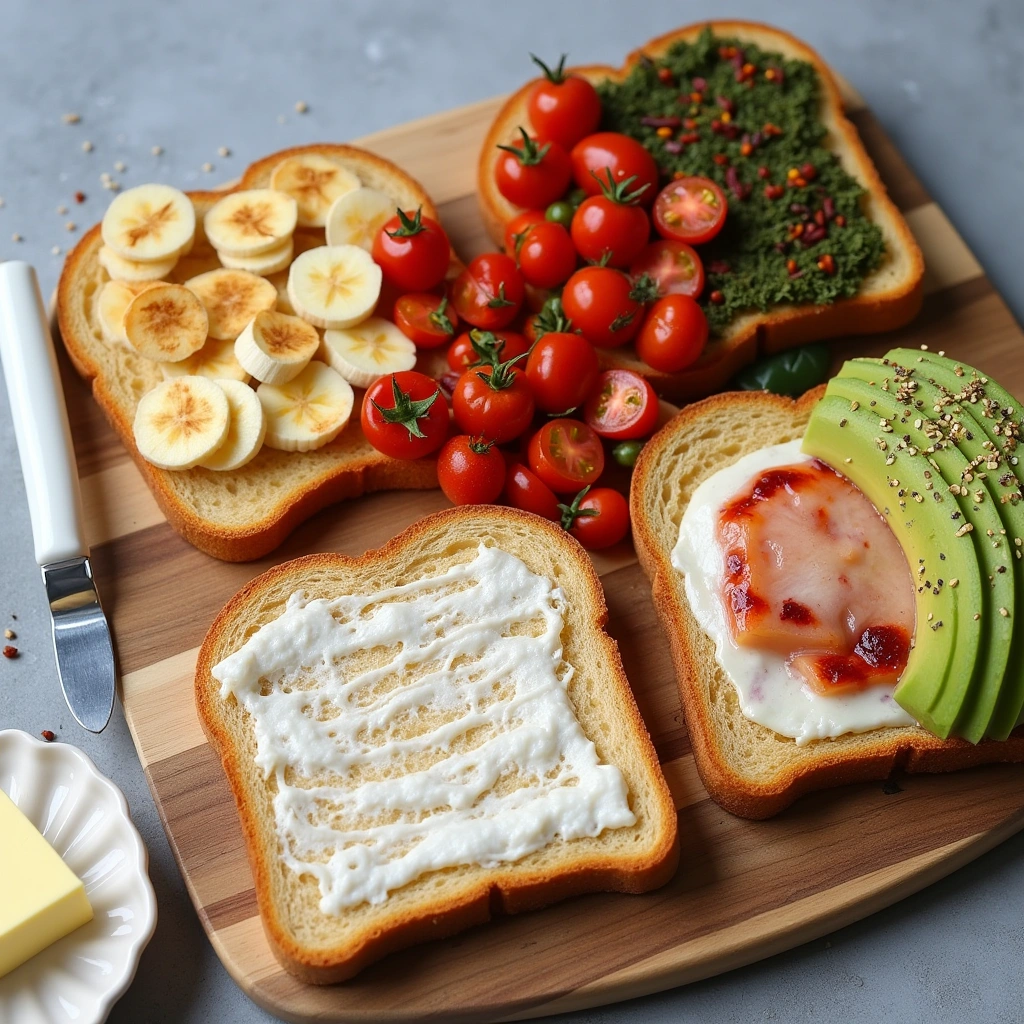 Golden crispy air fryer toast with avocado and toppings 