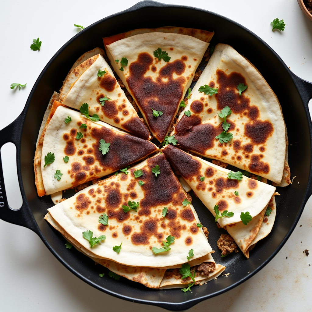 close-up of a meat pizza quesadilla