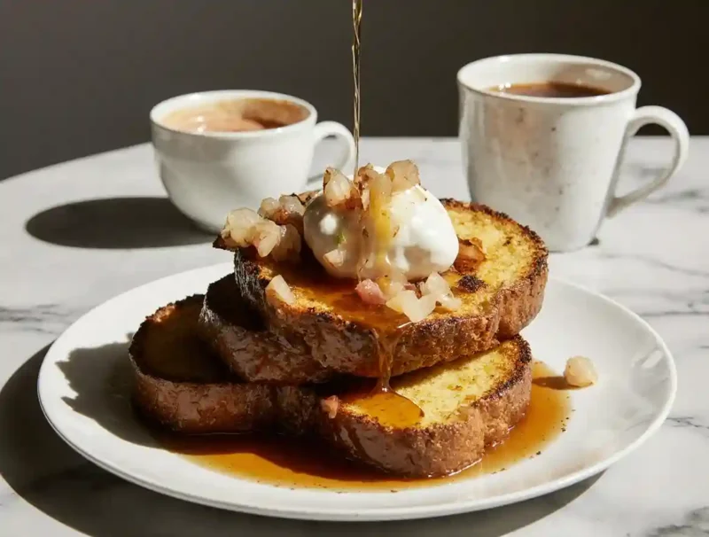 Golden brioche French toast stacked with butter and syrup dripping down the sides.