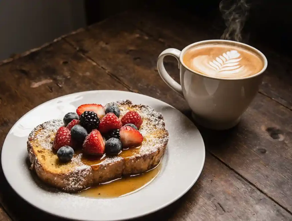 Overhead shot of brioche French toast served with fresh berries and a dusting of powdered sugar.