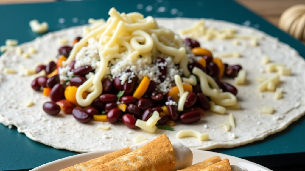 Assembling beef and bean burritos with warm tortillas