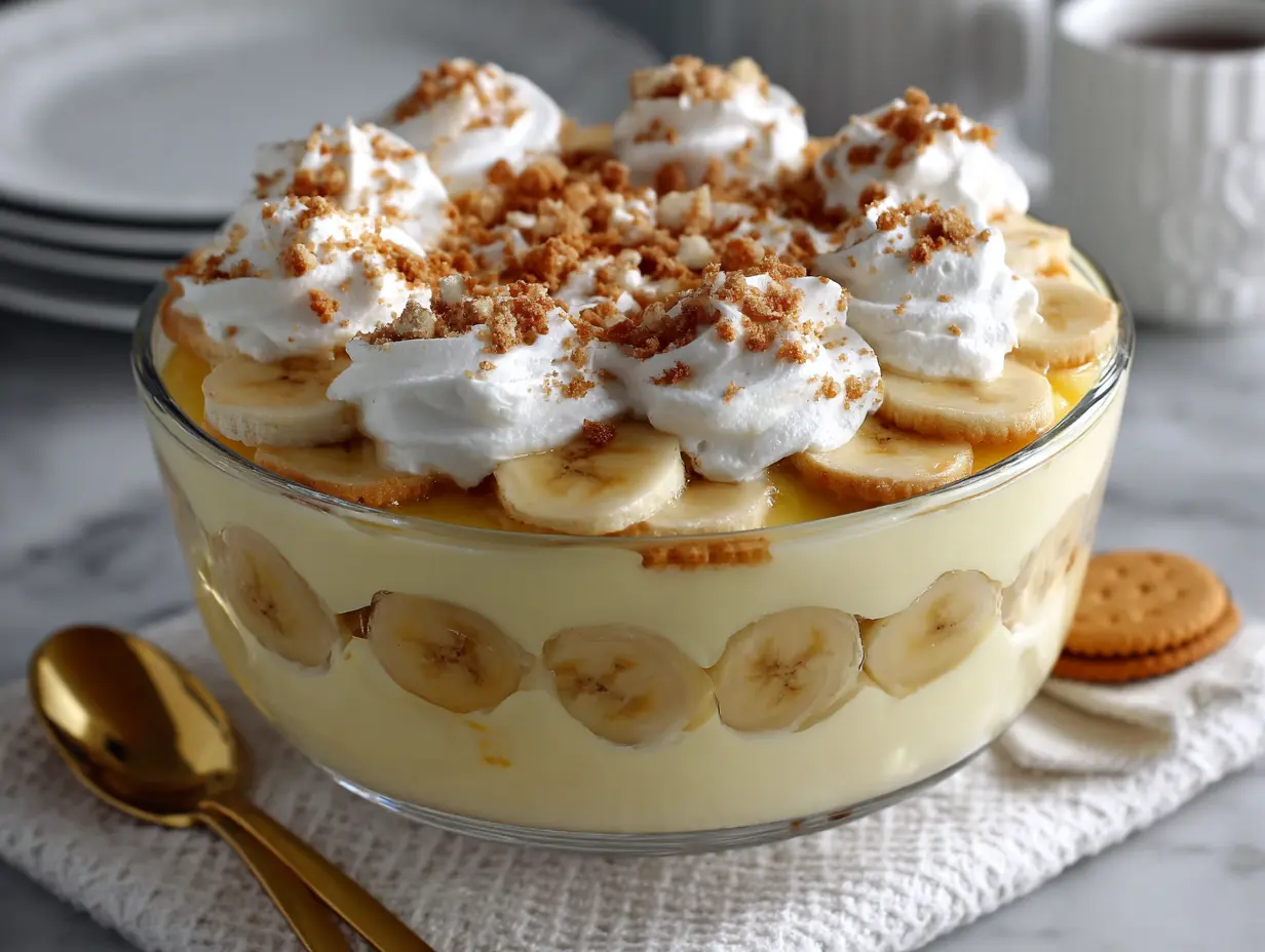Creamy homemade banana pudding topped with vanilla wafers and fresh banana slices