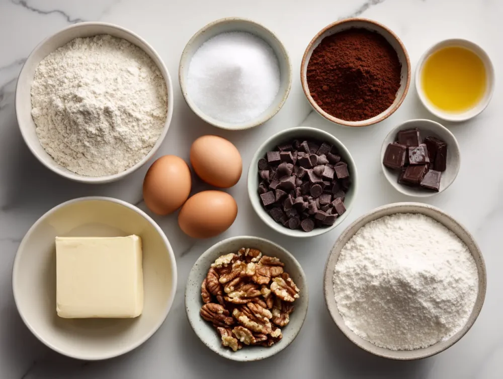 ingredients of Fudgy brownies freshly baked