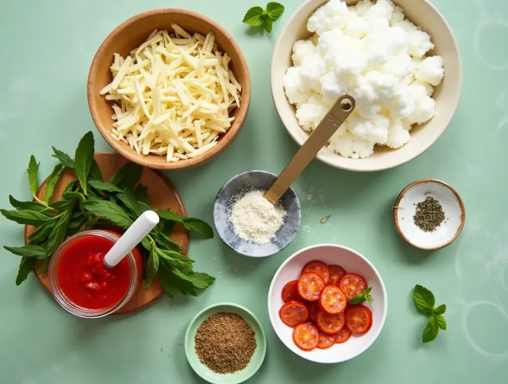 Fresh ingredients for Cottage Cheese Pizza Crust, including cottage cheese,