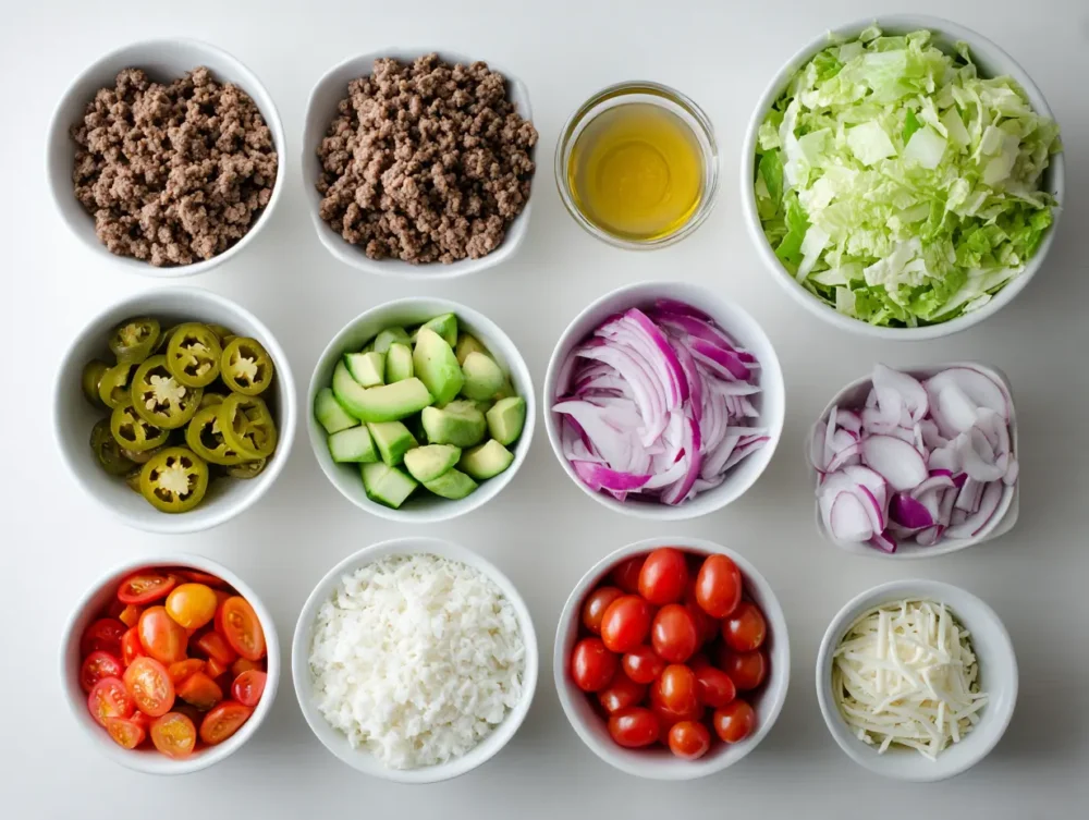 ingredients of Burger Bowl with Rice