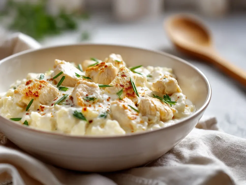 Cottage Cheese Alfredo Sauce with mashed potato and chicken