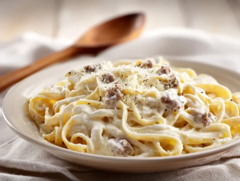 Creamy cottage cheese Alfredo sauce poured over pasta