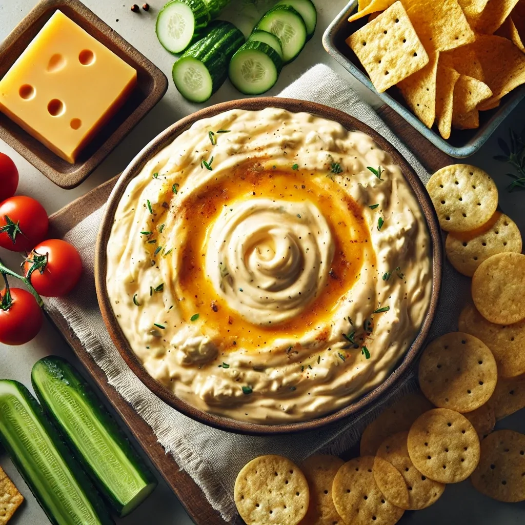 Spicy cottage cheese queso variation with jalapeños and veggies