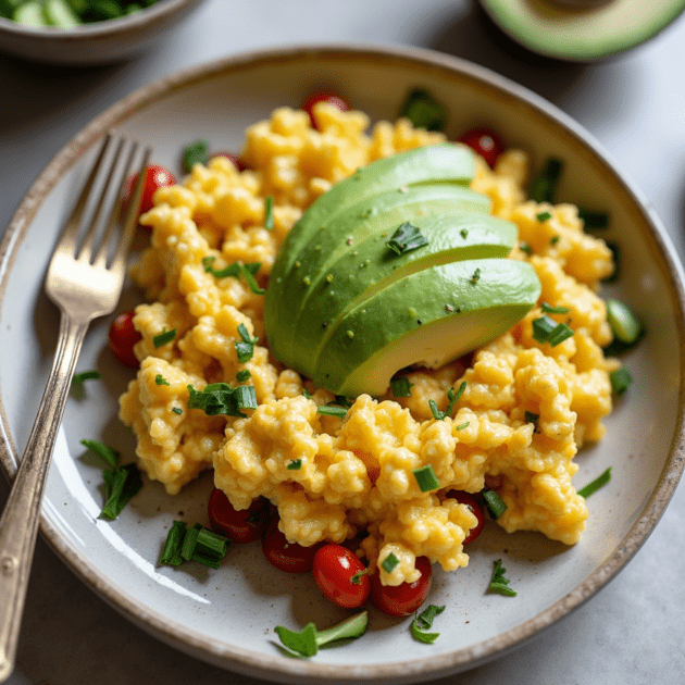 A close-up shot of a breakfast plate with scrambled eggs mixed with creamy cottage cheese, garnished with herbs. High detail, warm lighting