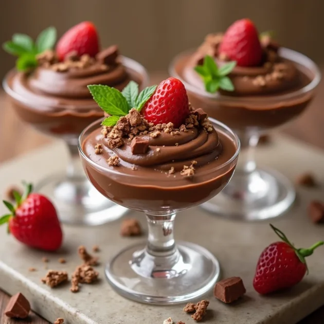 Overhead view of cottage cheese chocolate mousse with chia seeds in glass jars