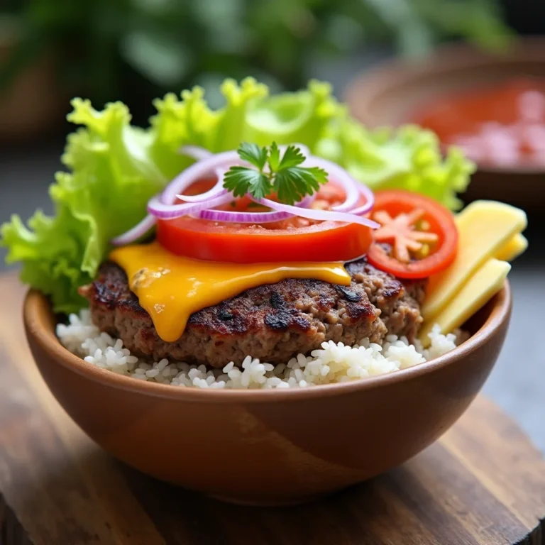 Burger bowl with rice topped with beef, cheese, and veggies
