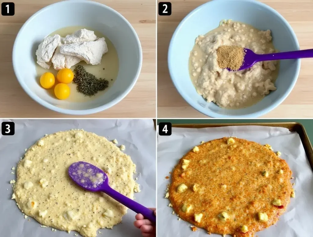 Step-by-step guide showing how to blend cottage cheese, mix ingredients, and bake the perfect pizza crust.