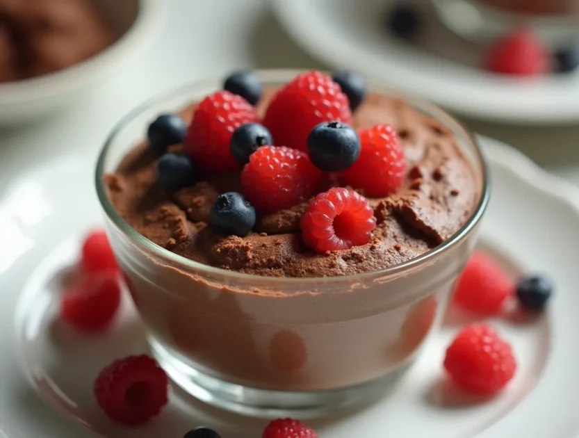 : Chocolate mousse topped with berries and chocolate shavings, ready to chill