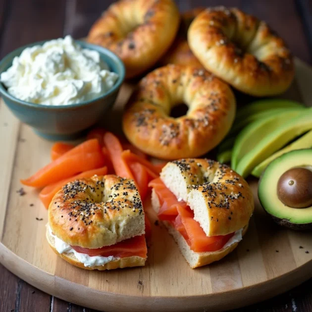 Homemade cottage cheese bagels with toppings on a wooden board