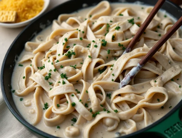 Creamy cottage cheese Alfredo sauce poured over pasta