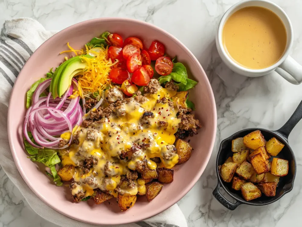 burger bowl bar with toppings, potatoes, beef, and sauces laid out